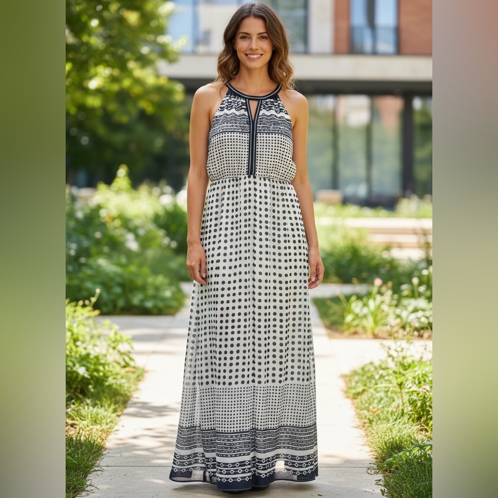 Navy and White Halter Maxi Dress